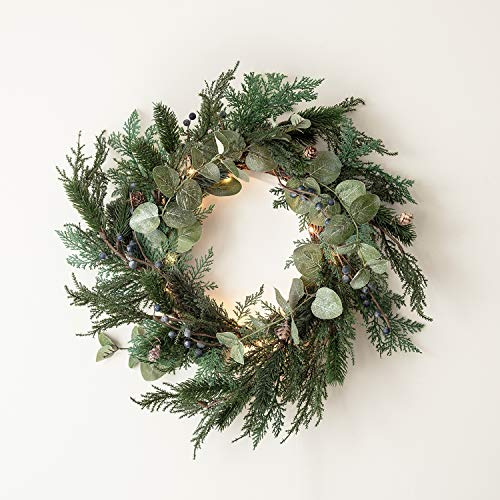 Lights4fun 40cm Pre Lit Artificial Foliage Berry & Pinecone Christmas Wreath for Front Door Indoor Wall Decoration