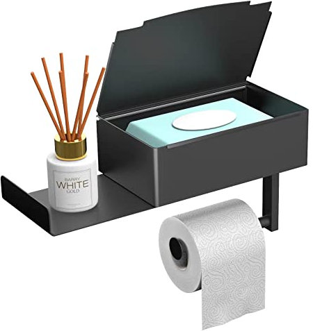 MVKV Portarrollos de papel higiénico con caja para toallitas húmedas, negro mate, soporte para papel higiénico con estante sin agujeros, soporte de acero inoxidable, soporte para rollos de papel