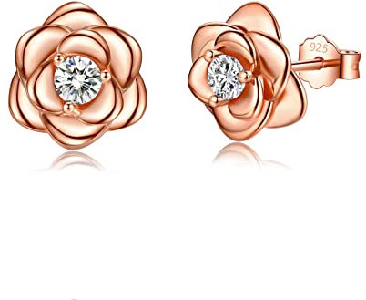 Rose Ohrstecker Rosegold für Damen Mädchen, Klein Blume Rose mit Zirkonia Rosegold Ohrringe Damen 925 Zierliche Knorpel Tragus Helix