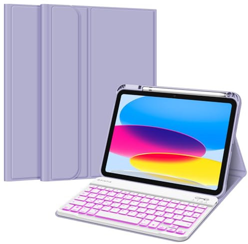 FINTIE Hülle mit Tastatur für iPad 11 Generation 2025 11 Zoll, iPad 10 Generation 2022 10.9 Zoll, 7-farbig Beleuchteter Magnetischer Abnehmbarer Keyboard Hülle mit Stifthalter, Violett