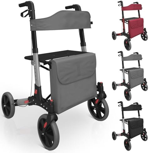 Jago® Rollator - 6-fach höhenverstellbar, Sitz mit Rückenlehne, 3-fach Faltbar, Leicht, 4 Räder, Bremsen, Einkaufstasche, Stockhalter, Farbwahl - Gehhilfe, Gehwagen, Leichtgewichtrollator