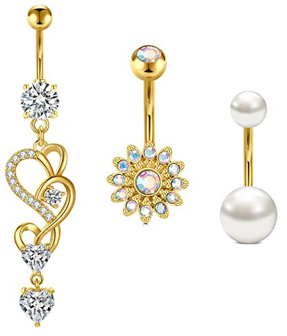 Crdifu 3stk Gold Bauchnabelpiercing 10mm mit Anhänger Herz Blume Piercing Bauchnabel Ring Chirurgenstahl Bauchpiercing Kristall Perlen