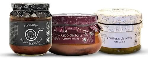 Pack de Conservas Gourmet Artesanas: 1 Rabo de Toro 640g, 1 Carrilleras al Vino Blanco 440g y 1 Caracoles en Salsa 550g – Recetas Familiares Ideal para Regalo – Hecho en España con Sabor Tradicional