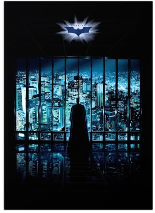 Displate Offiziell Batman MetallPoster Magnetische Befestigung Inklusive Lizenziert Bilder Hochwertiges Poster The Dark Knight - Batman looking at Gotham City Poster 45 cm x 32 cm