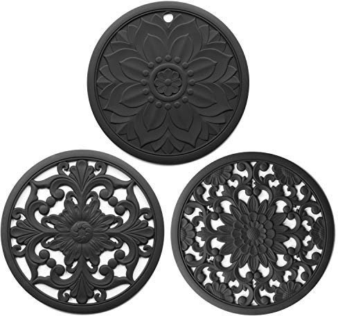 Awoeorsty Sottopentola in silicone, 3 presine resistenti al calore, multiuso, antiscivolo, per piani di lavoro della cucina e tavolo (nero)