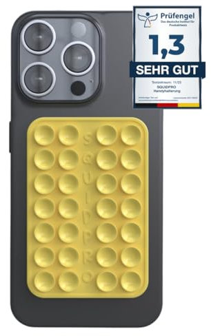 SQUIDPRO® - Silikon Saugnapf Handyhalterung, selbst-klebend, Kompatibel mit Allen gängigen iPhone- und Android Mobiltelefonen BZW. Handyhüllen, Freihändige Halterung für Selfies (Yellow)