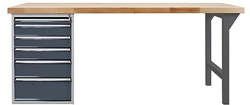 PROREGAL Werkbank Giant Rhino Plus mit 6 Schubladen | HxBxT 84x200x70cm | Traglast 500kg | Anthrazitgrau/Anthrazitgrau | Werkstatttisch Werktisch Packtisch Arbeitstisch
