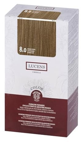 LUCENS Coloración permanente rubio claro 8.0 – Tinte de pelo con alto porcentaje de ingredientes naturales – sin amoniaco, sin fragancias, color brillante y duradero