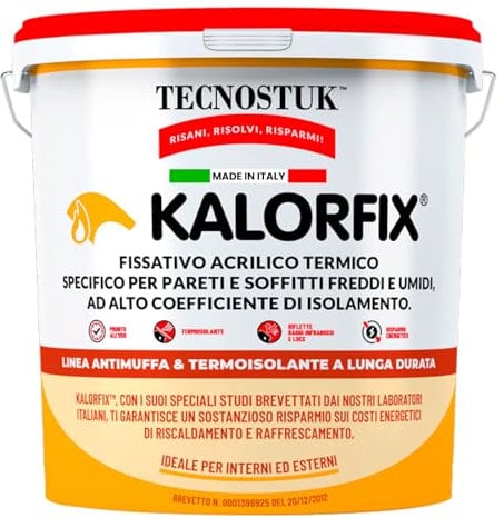 Eurocali Kalorfix Tecnostuk lt.1 Fissativo Isolante Termico per Muri Interni ed Esterni Made in Italy - Resina Acrilica in Emulsione con Microsfere di Vetro per Isolare