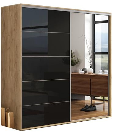 B&M Furniture Großer Kleiderschrank mit Schiebetür aus Glas/ Lacobel und Spiegel - mit Einlegeböden und Kleiderstange - für Garderobe, Schlafzimmer - Schwarz und Holzimitat Eiche Gold Craft - 200 cm B