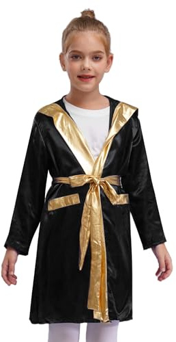 Yeahdor Kinder Jungen Boxer Mantel Kickboxer Jacke Langarm Satin Robe mit Kapuze Gürtel Goldener Saum Umhang Cape Outerwear Training
