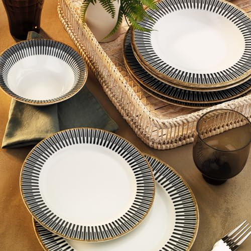 Vajilla de Porcelana Porland Marjia - Vajilla de 24 Piezas Blanca y Negra – Vajilla completa y elegante – Vajilla para 6 personas