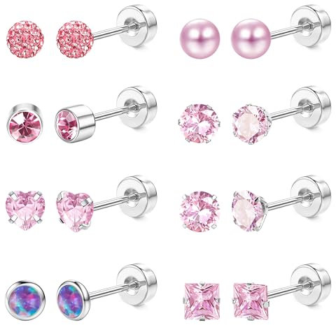 JeweBella 8 Pairs Klein Ohrstecker Chirurgenstahl Hypoallergen Medizinische Ohrstecker Opal Perle Cubic Zirkonia Ohrringe Set Piercing Ohr Schlafen Knorpel Ohrringe für Damen Mädchen mit Geschenkbox