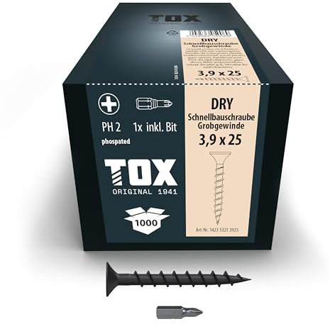 TOX Schnellbauschrauben DRY GG 3,9 x 25 mm, Schrauben schwarz phosphatiert mit Trompetenkopf + Grobgewinde, Gipskartonplatte auf Holz-Unterkonstruktion, PH2, 1000 Stück, inkl. 1x Bit, 142353213925