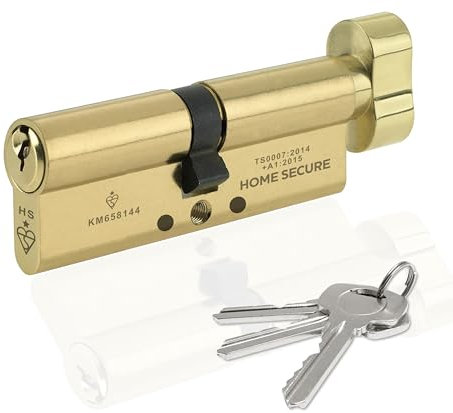 Home Secure™ Thumb Turn Euro Cylinder Door Lock TS007 1 Star Security Rated with 3 Keys, Anti-Bump, Anti-Drill, Anti-Pick, Anti-Screw for UPVC, Wooden, Composite Doors (Satin Brass, 45mm X 45mm)