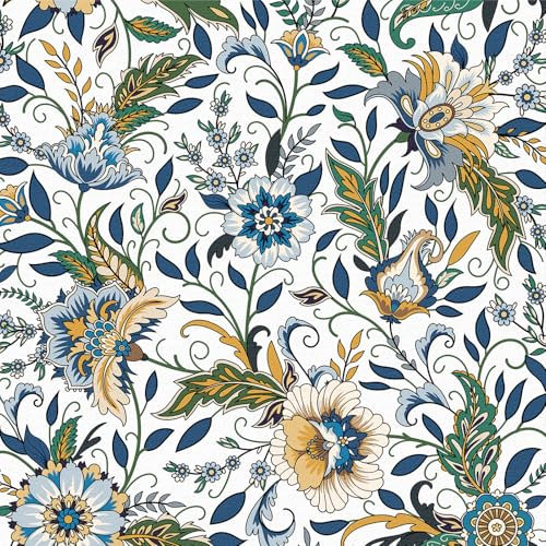 Blue Floral Wallpaper,44 x 600 cm Beige Flower Wallpaper Green Leaf Wall paper Pale Flower Plants Wall paper peel and stick Self Adhesive Furniture Wrap for Living Room,Bathroom,Drawer,Cabinets