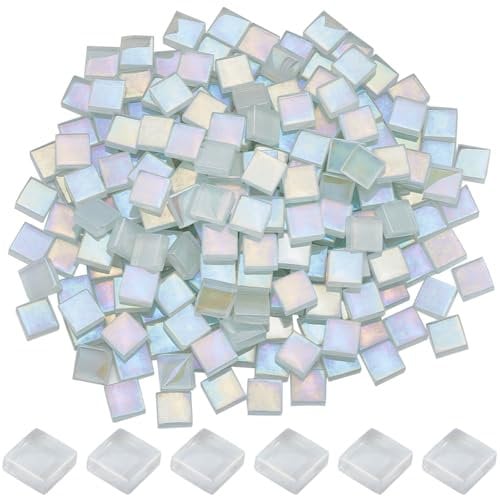 SOFPLATE 1 Box 200Pcs Glass Mosaic Tiles White Square Mosaic Tiles Bulk Iridescent Crystal Cabochons Mosaic Tiles Pictures for Wall Crafts Stepping Stone DIY Mosaic Making Picture Frames Home Decor