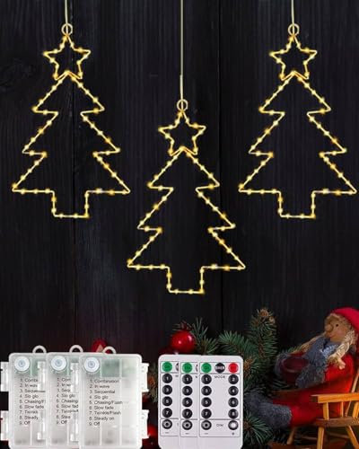 Redefun Natale Luminosa 3 Pz Stelle Luminose Natale a Batteria con Telecomando, 45 LED Luci Finestra Natale Impermeabile Luminoso Albero di Natale per Finestre Interno Esterno Decorazione-Bianco Caldo