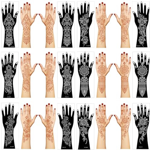 Henna Tattoo Schablone Kit, 12 Blatt Aufkleber für Henna Tattoo Hand Unterarm Glitzer Airbrush DIY Tattooing Vorlage Große indische temporäre Tattoo-Aufkleber