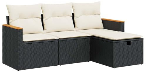 vidaXL 4-TLG. Garten-Sofagarnitur mit Kissen Schwarz Poly Rattan, Outdoor Sofa Set, Outdoor Sofagarnitur, Garten-Lounge-Set, Garten Sofagarnitur