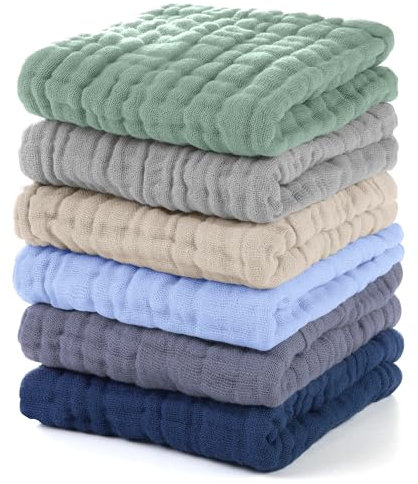 Unnivoll Musselintücher für Babys, 100 % Baumwolle, Musselin, quadratisch, Baby-Waschlappen, Baby-Essentials für Neugeborene, Jungen, Mädchen, groß, 30 x 30 cm, extra weich und saugfähig, 6 Stück
