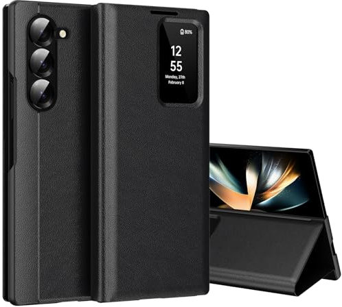 für Samsung Z Fold 4 Smart View Hülle, Wallet Smartphone Case, für Samsung Galaxy Z Fold 4 Handyhülle Clear View, Spiegel Flip, Kartenfach Cover, Sichtfenster, Galaxy Fold 4 5G Smart View