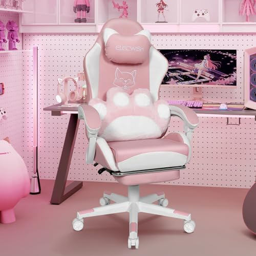 Fullwatt Gaming Stuhl Cute mit Katzenpfote Lendenkissen und Katzenohren, Ergonomisch Racing Stuhl, mit Fußstütze und Abnehmbare Kopfstütze, Höhenverstellbar, PU Leder, Rosa, für Teenager, Mädchen