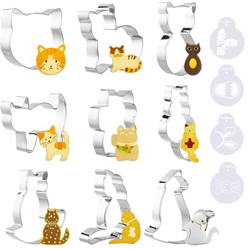 Simpeak 9 Pezzi Formine Biscotti Tagliabiscotti in Acciaio Inossidabile Formine,Tagliabiscotti Gatto,Stampo per Biscotti Fondente per Pasticceria Ciambelle Fudge Mousse Torta