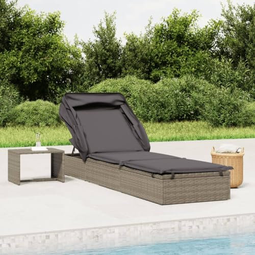 CINDERFUL Sonnenliege mit Faltdach Grau 213x63x97 cm Poly Rattan Terrassen Sitzmöbel