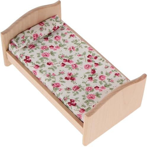 Quintrost Miniatur Puppenhaus Bett Baby Puppenbett Ornamente, 1:12 Puppenhausbett Dekoration Möbel Set, Simulierter Bett Holz Mini Ornament Modell, Spielzeug Puppenmöbel Zubehör Deko