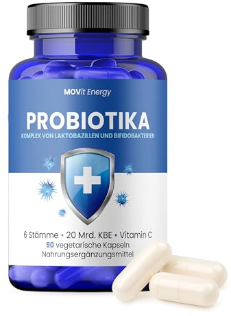 MOVit Probiotika Komplex mit 6 Stämmen Laktobazillen & Bifidobakterien, 20 Mrd. KBE, Unterstützt Verdauung, Darmflora, Immunsystem & Wohlbefinden auf Reisen - 90 vegetarische Kapseln