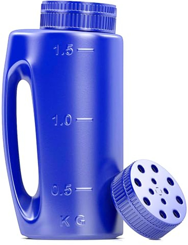 Samenstreuer, handlich, 2 l, Grassamenstreuer mit verstellbarer Lochgröße, handlich, Handstreuer für Straße, Schnee, Einfahrten, Gehwege, Rasen, Eisschmelze und Samen, mehrere Öffnungsgrößen