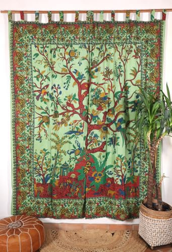 Boho Vorhänge, Gardine mit Schlaufen, handbedruckter Lebensbaum, grün/bunt | Blickdicht, 100 % Baumwolle, traditionelles Ethno-Motiv, inklusive Drapierbändchen, vielseitig einsetzbar.