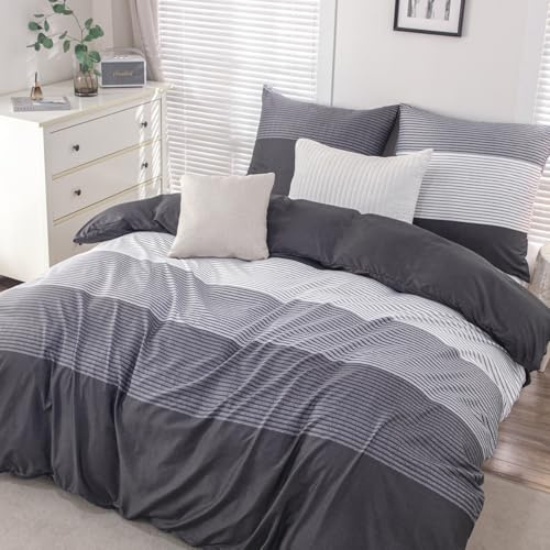 Nesture Bettwäsche 140x200 Anthrazit, Bettwäsche-Sets mit Gestreift Muster Microfaser Bettbezug 140 x 200cm 2 Teilig bügelfrei & weich - 1 Deckenbezug und 1 Kissenbezug 80x80 mit Reißverschluss