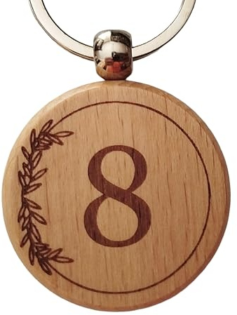 8 Porte-Clés Rond en Bois Gravé - Porte clef Maison, Entreprise, Voiture Cadeau 8 Ans Anniversaire, Mariage, Année de Couple Accessoire Personnalisé
