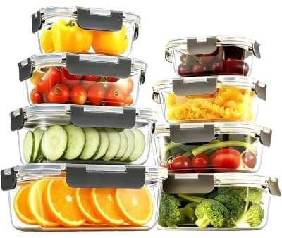 KUMD Vorratsdosen Glas mit Deckel 8er Set (16-teilig) Borosilikatglas Frischhaltedosen für Mikrowelle & Meal Prep - Eckig & Quadratisch, Ofenfest, Auslaufsicher