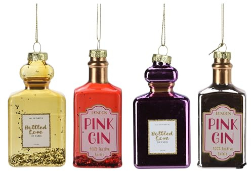 Annastore Christbaumschmuck 4er Set Schnaps Trinkflaschen Glas H 9 cm | Baumhänger für Weihnachtsbaum, lustige Motive für Advent, Tannenbaum, Zweige, Festdeko