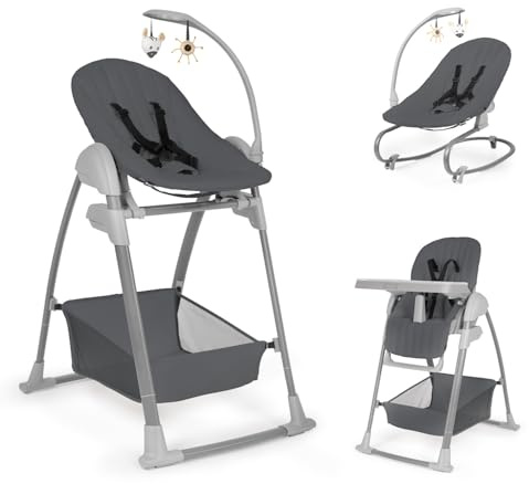 hauck Hochstuhl mit Neugeborenenaufsatz & Wippe Sit N Relax 3in1, Dark Grey | Mitwachsend ab Geburt bis 15 kg / 3 Jahre, Babywippe mit Spielbogen, Essbrett, Räder, Korb, höhenverstellbar, faltbar, leicht