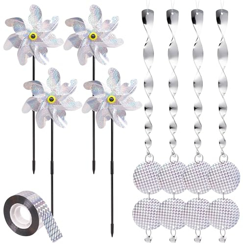 Bafutayawa Vogelabwehr Set für Draußen - Taubenabwehr Windrad Garten und Balkon - Reflektierendes Band und Stäbe - Vogelschreck gegen Spatzen und Spechte Silber