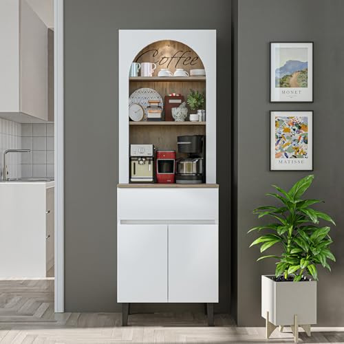 ROOMART Küchenbuffet VENEDIK 60 cm – Hochschrank mit LED, offener Bogennische, Schublade & 2 Türen – Buffetschrank Aufbewahrungsschrank Küche Esszimmer – 4 Farben wählbar (Weiß Eiche)