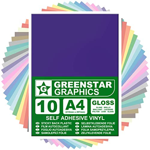 GREENSTAR GRAPHICS Glossy A4 Sticky Back Plastic SELF Adhesive Art & Craft Vinyl (10 Sheet Pack). Compatible with 12” Cricut, Silhouette Cameo/Curio/Portrait, Scan N Cut (Purple Gloss 10 A4)