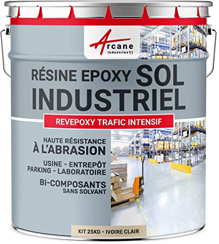 ARCANE INDUSTRIES Peinture Sol REVEPOXY TRAFIC INTENSIF : Résine Epoxy pour Sol Béton : Usine, Atelier Parking - 25 kg (jusqu'à 50 m² en 2 Couches) Ivoire Clair - RAL 1015