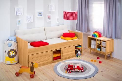 BioKinder Kojenbett Bett Funktionsbett Kommodenbett mit Schiebetür, 2 Schubladen und Lattenrost Lina aus Massivholz Erle 90 x 200 cm