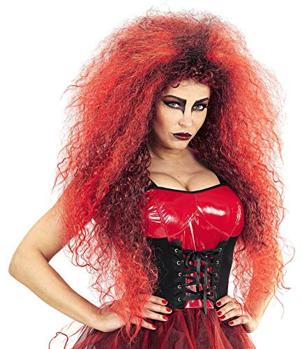 Gewellte Damen Langhaar Perücke Rot/Schwarz Oversized Teufel Teufelin Hexe Dämon Vampir Märchen Halloween