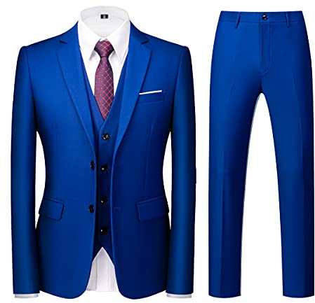 KUDORO Costume Homme 3 pièces Slim Fit Smoking Simple Poitrine à Deux Boutons Men Suits 3 Piece pour Mariage Business Fête Confort Blazer Veste et Pantalon Gilet(Bijou Bleu,XL)