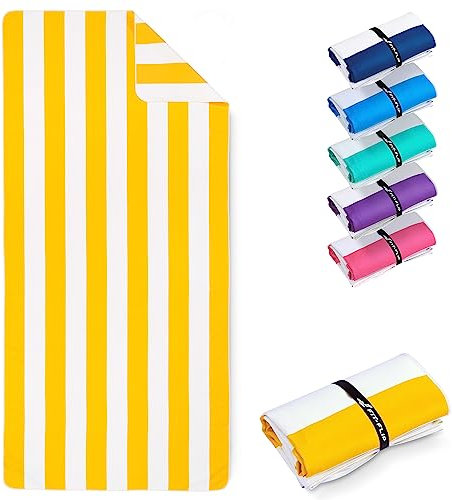 Fit-Flip Strandtuch XXL - Mikrofaser Badetuch - Strandtücher leicht und schnelltrocknend - 100% recyceltes Mikrofaser Handtuch - Strandhandtuch zum Baden (Zitronengelb-Weiß gestreift 200x90cm)