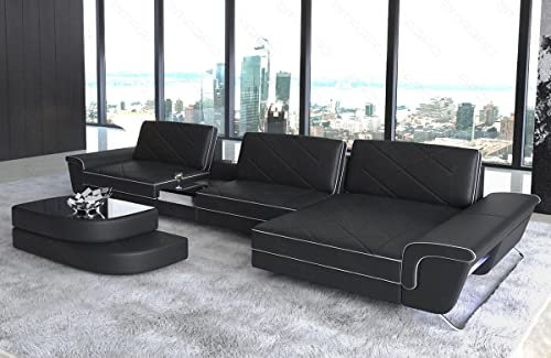 Ecksofa Bari in Leder Designersofa mit LED-Beleuchtung und Ottomane Ledersofa mit Kopfstützen Couch L Form (Ottomane rechts (auf Sofa blickend), Schwarz-Weiss)