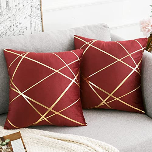 2er Set Samt Kissenbezug 50x50 cm Weinrot Geometrie Bronzieren Dekokissen Kissenhülle Sofakissen Couchkissen Dekorative Kissen Kissenbezüge Outdoor Zierkissen Bezug für Schlafzimmer Sofa Bett