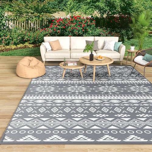MOKANI Outdoor Teppich Wetterfest, Wendbarer Balkon Camping Teppich 150x240 cm, Kunststoff Stroh Terrasse Matte UV-beständige Outdoorteppich Rug Carpet für Garten RV Picknick, Boho-Style, Grau
