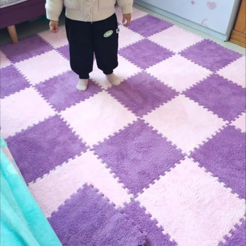 Plush Foam Floor Tiles Mat, Interlocking Puzzle Area Rug, Bedroom Soundproof Carpet Mats, Soft Foam Floor Mat for Home Playroom Gym Yoga Decoration (10Pcs,Purple and Pink)
